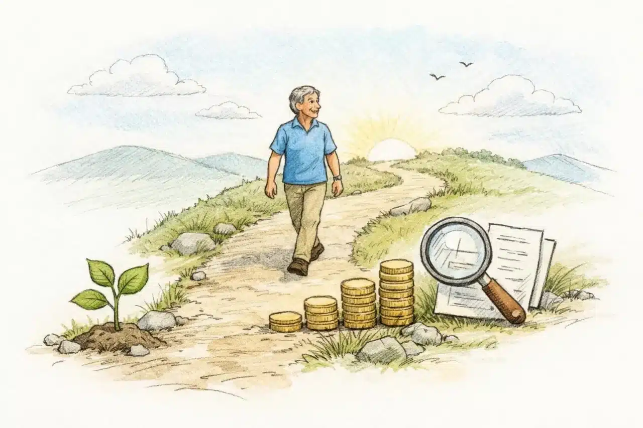Dessin esquissé d'une personne sur un chemin, optimisant sa retraite avec des stratégies pour maximiser ses revenus.