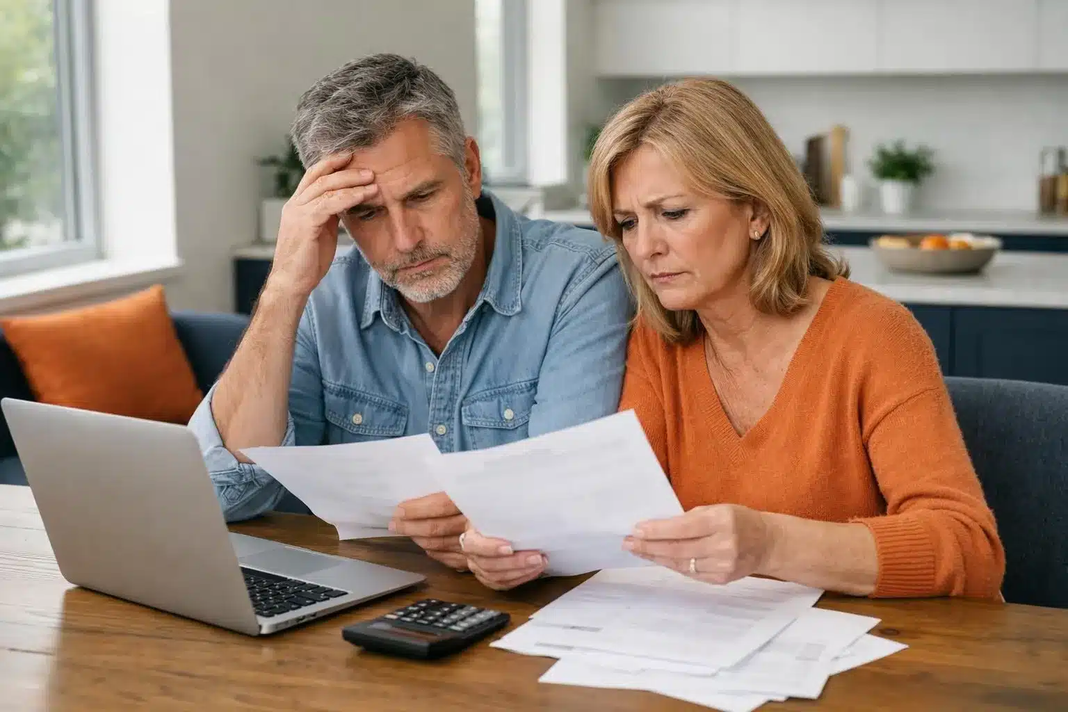 French couple in their 50s sitting at dining table reviewing retirement pension statements and financial documents with concerned expressions, calculator and laptop visible, natural lighting from window, realistic modern home interior