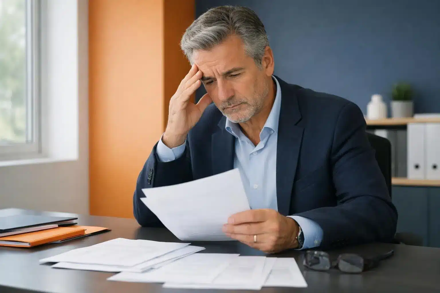 Middle-aged French worker reviewing retirement documents at desk with worried expression, photo-realistic style, soft natural lighting, government pension documents visible, modern office setting, no text or numbers visible in image
