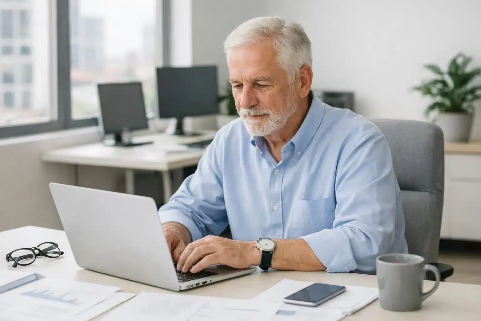Senior professional working confidently at modern office desk, reviewing retirement planning documents with laptop, bright contemporary workspace with financial growth charts visible, realistic photography showing active engagement past traditional retirement age