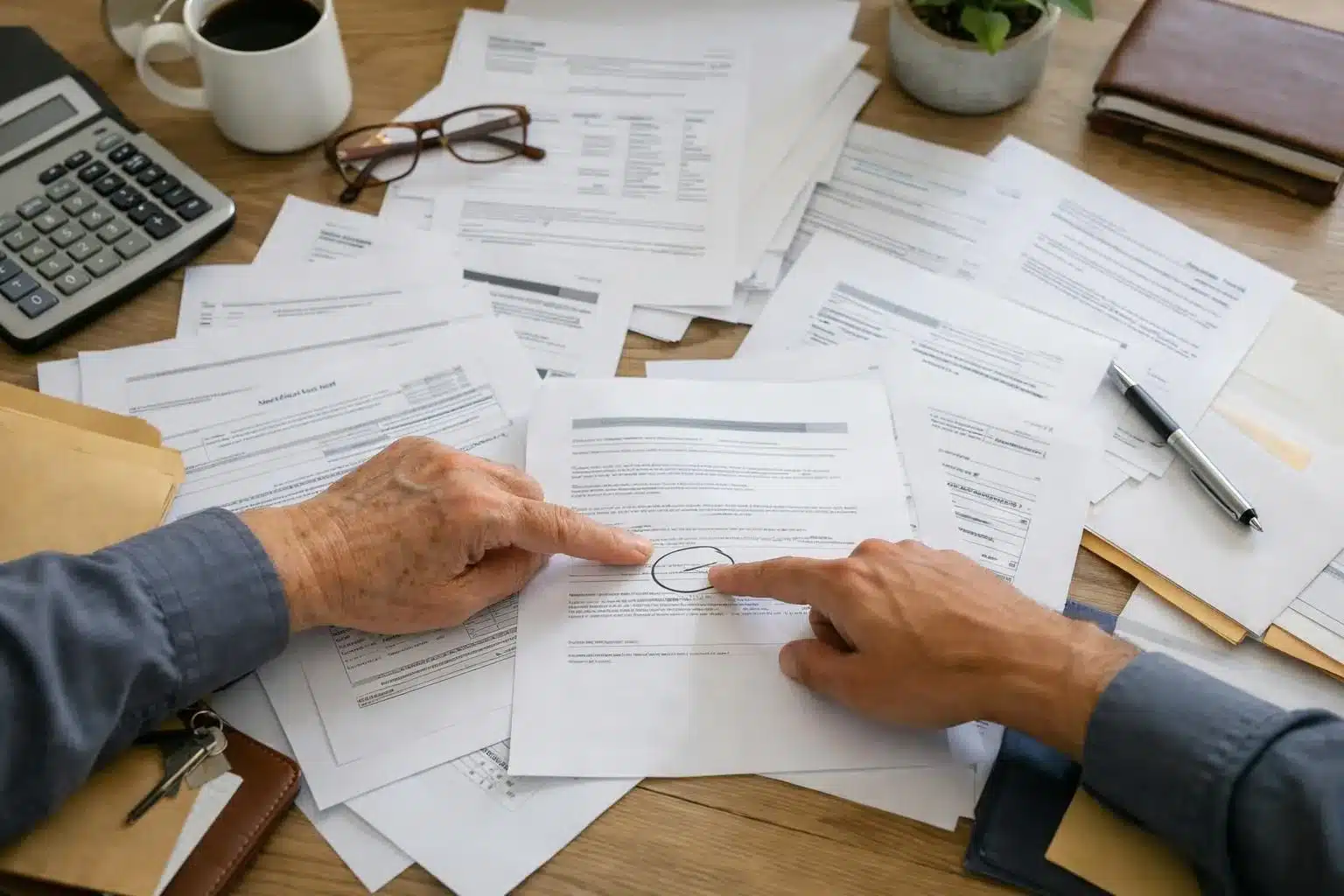 Person discovering error on retirement statement document, surprised expression, documents and laptop on table, close-up hands pointing, realistic office setting, French administrative papers visible, natural lighting, professional atmosphere, no text or labels in image