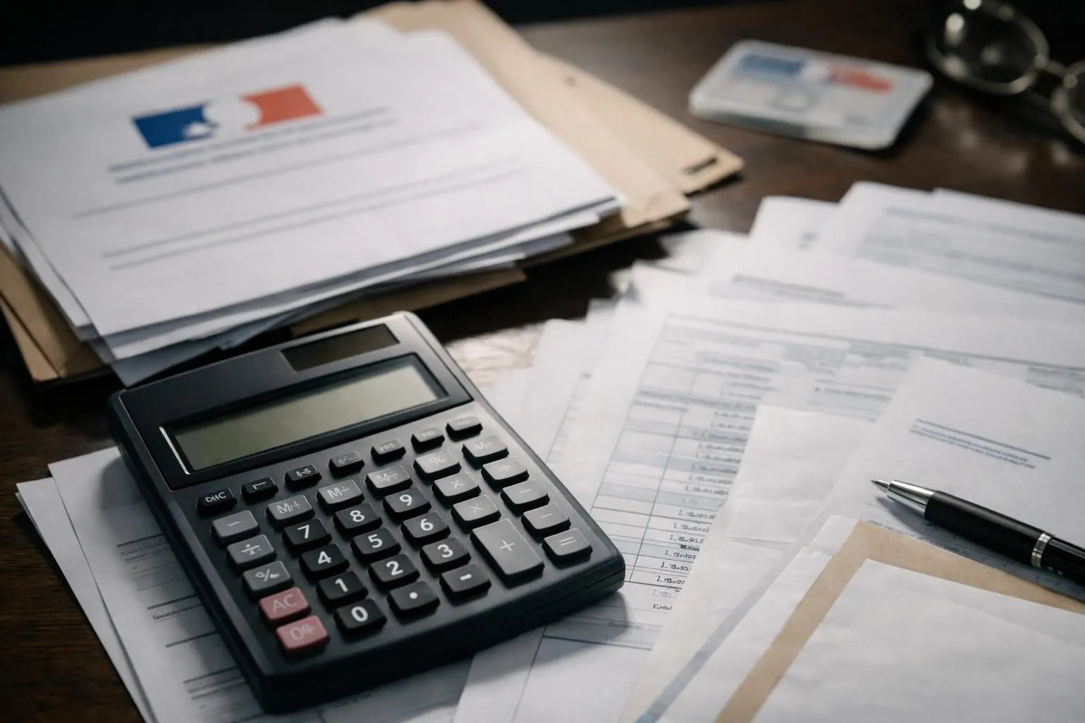 Close-up of calculator, financial documents and French government papers on desk, dramatic lighting suggesting investigation, photorealistic, showing pension reform numbers and budget spreadsheets without any visible text or labels
