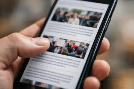Smartphone affichant une newsletter d'actualité sociale, main tenant l'appareil pour lire les nouvelles.