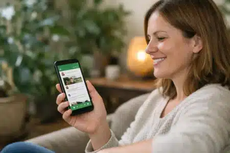 "Une personne utilisant Mag vital, un réseau social alternatif économique, dans un cadre chaleureux et naturel."