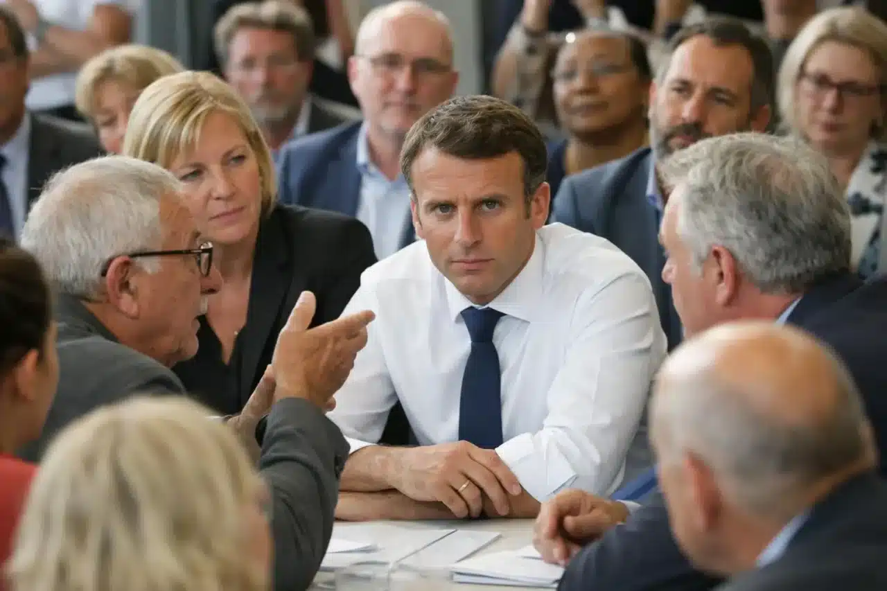 "Macron analyse politique sociale en France lors d'une réunion publique"