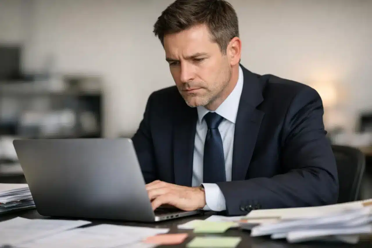 "Professionnel consultant un ordinateur portable pour une formation actualité sociale"