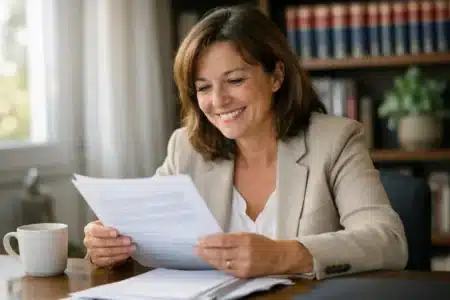 Une personne consulte un document sur la protection sociale avec un sourire, évoquant sécurité et confort.