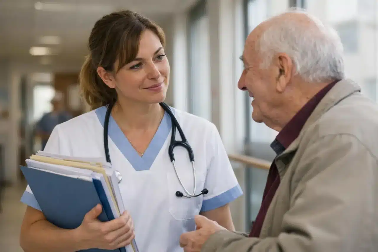 Infirmière écoutant un patient âgé dans un hôpital, actualité médico-sociale en France.