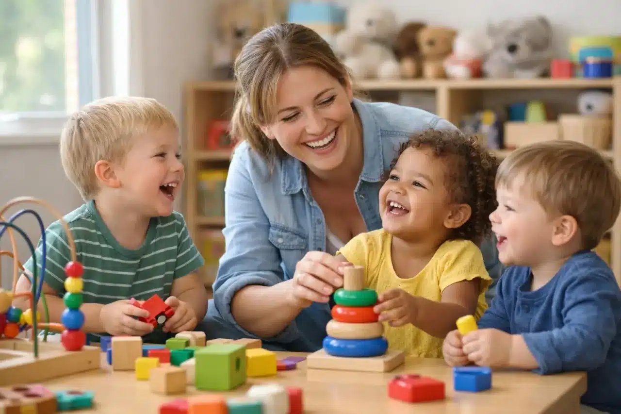 Assistante maternelle souriante avec des enfants dans une salle de jeu lumineuse