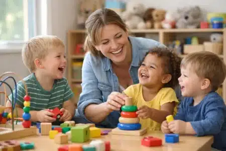 Assistante maternelle souriante avec des enfants dans une salle de jeu lumineuse