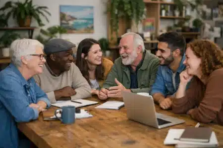 Économie sociale et solidaire, groupe de personnes travaillant ensemble dans un espace de coworking chaleureux et inspirant.