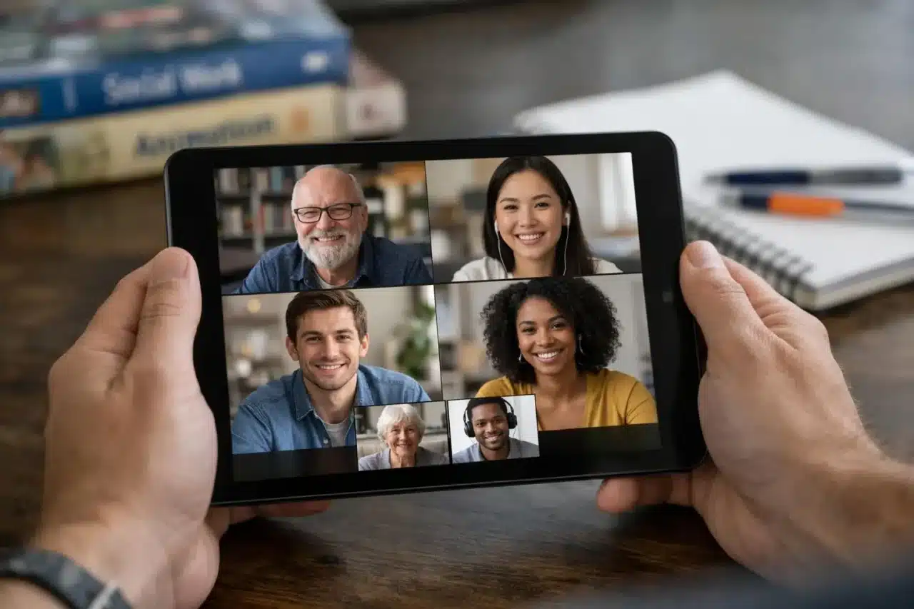 Mains tenant une tablette avec visioconférence pour l'animation et l'action sociale