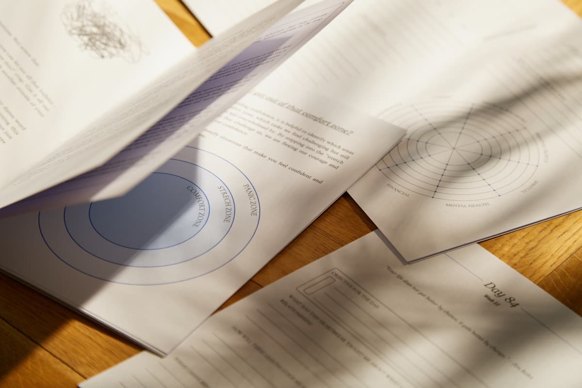 Diagrammes, graphiques et documents sur un bureau en bois.