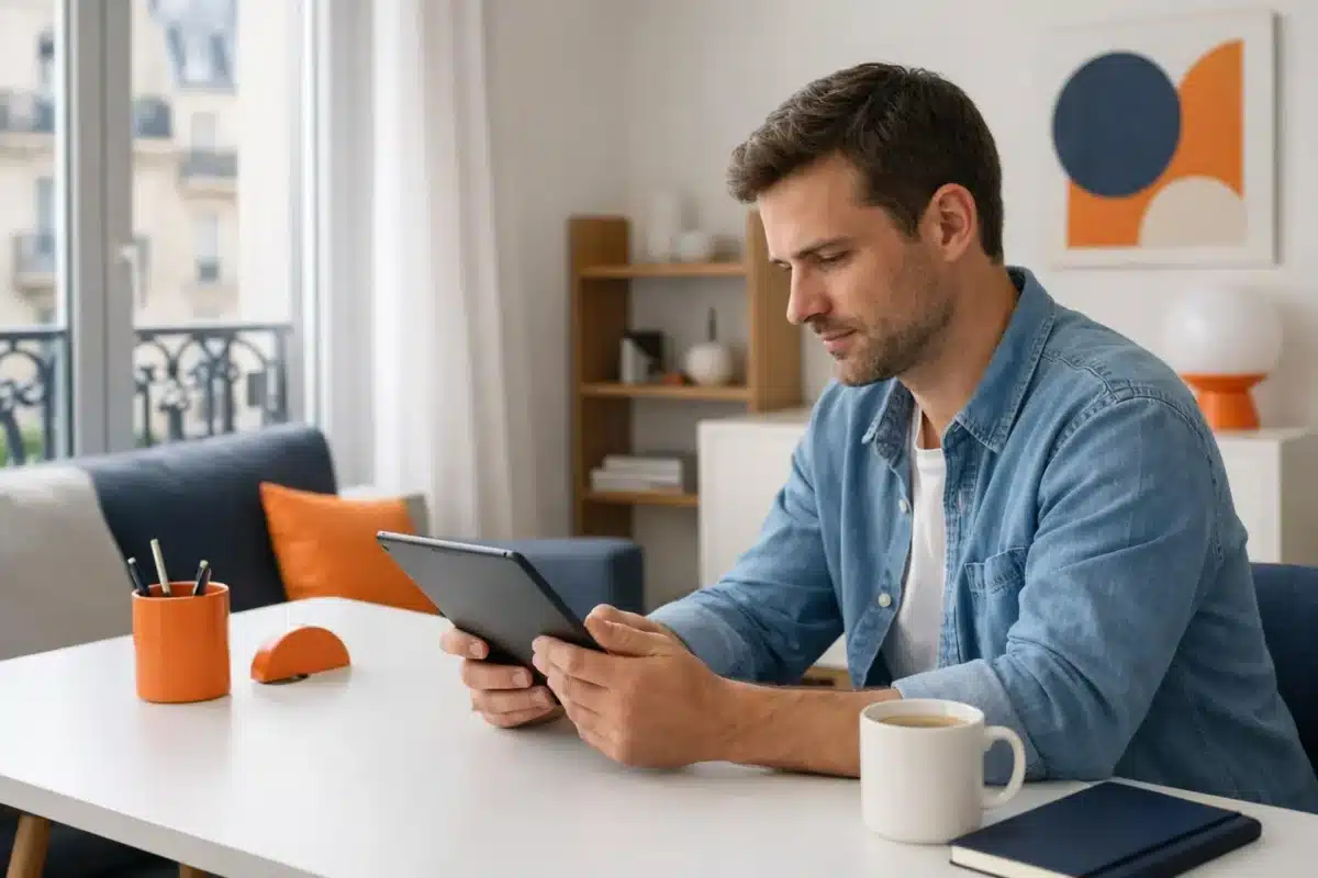 Une personne lit un magazine numérique sur une tablette, dans un appartement français moderne baigné de lumière naturelle, l'expression concentrée, un espace de travail contemporain épuré avec une tasse de café.