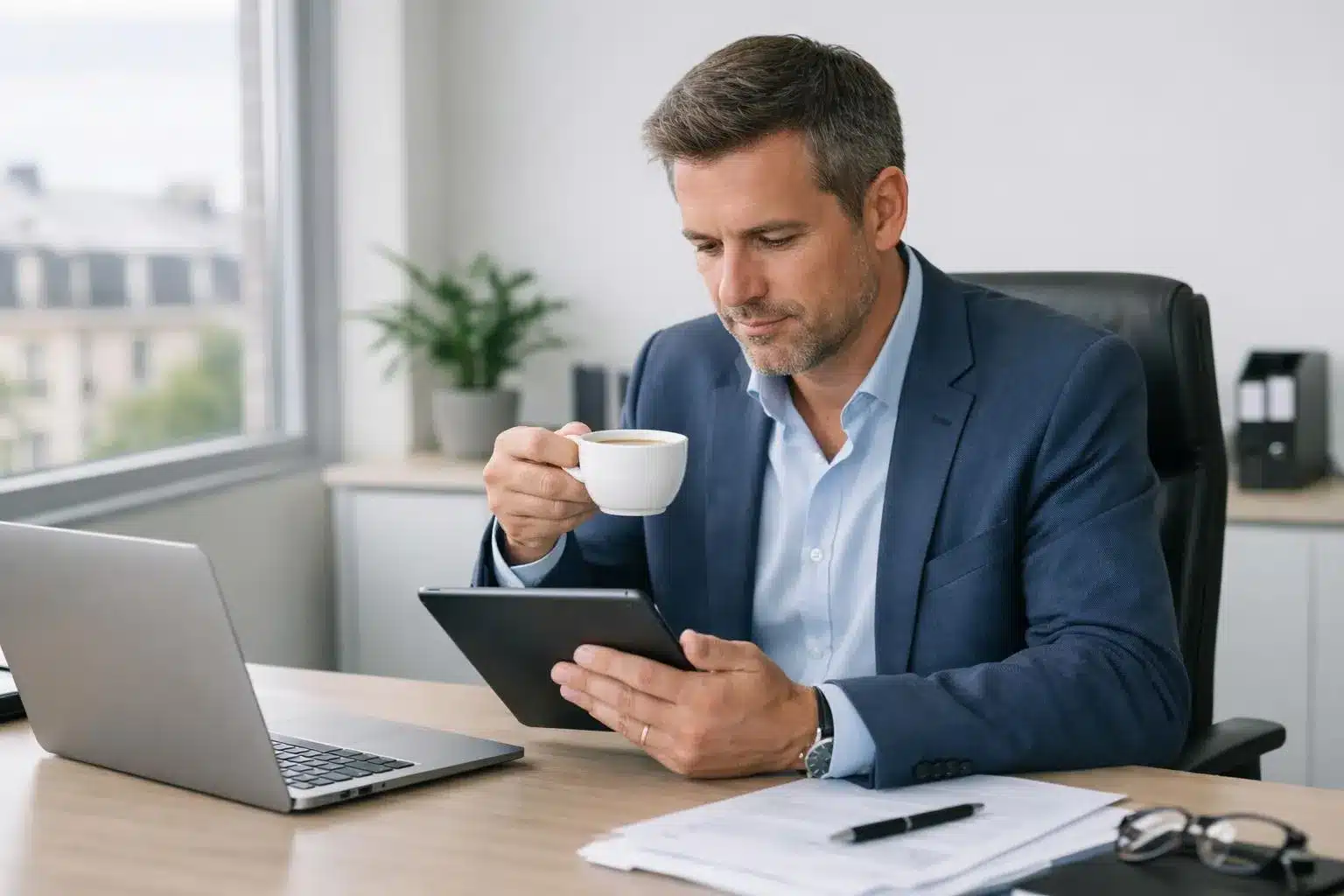 Professional in modern French office reading newsletter on tablet with morning coffee, natural sunlight streaming through window, clean desk setup with laptop and documents, realistic photography style showing engaged reader checking social benefits updates