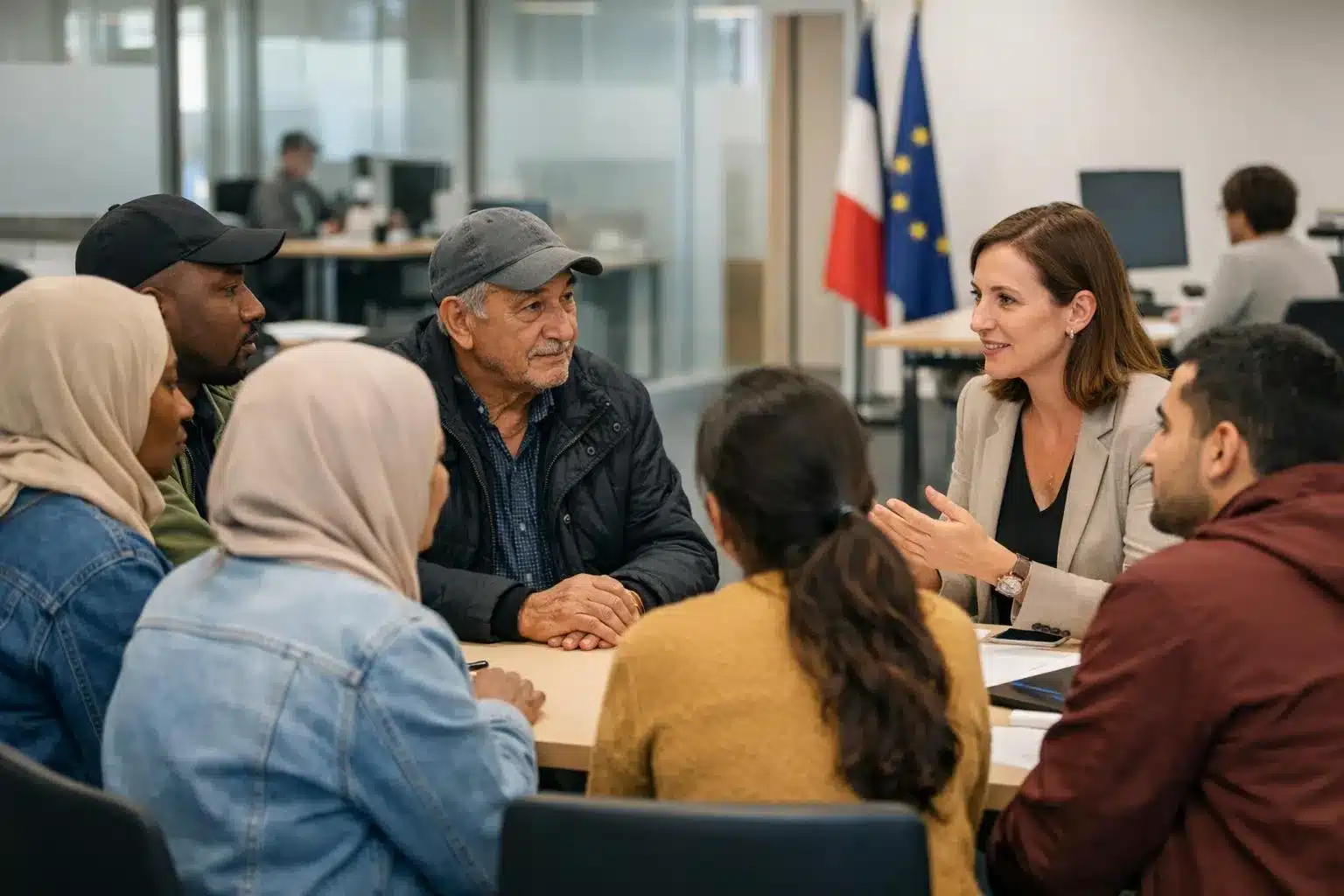 Diverse group of migrants consulting with social worker in modern French administrative office, representing accessibility of social services, realistic documentary style photograph showing respectful interaction and professional guidance