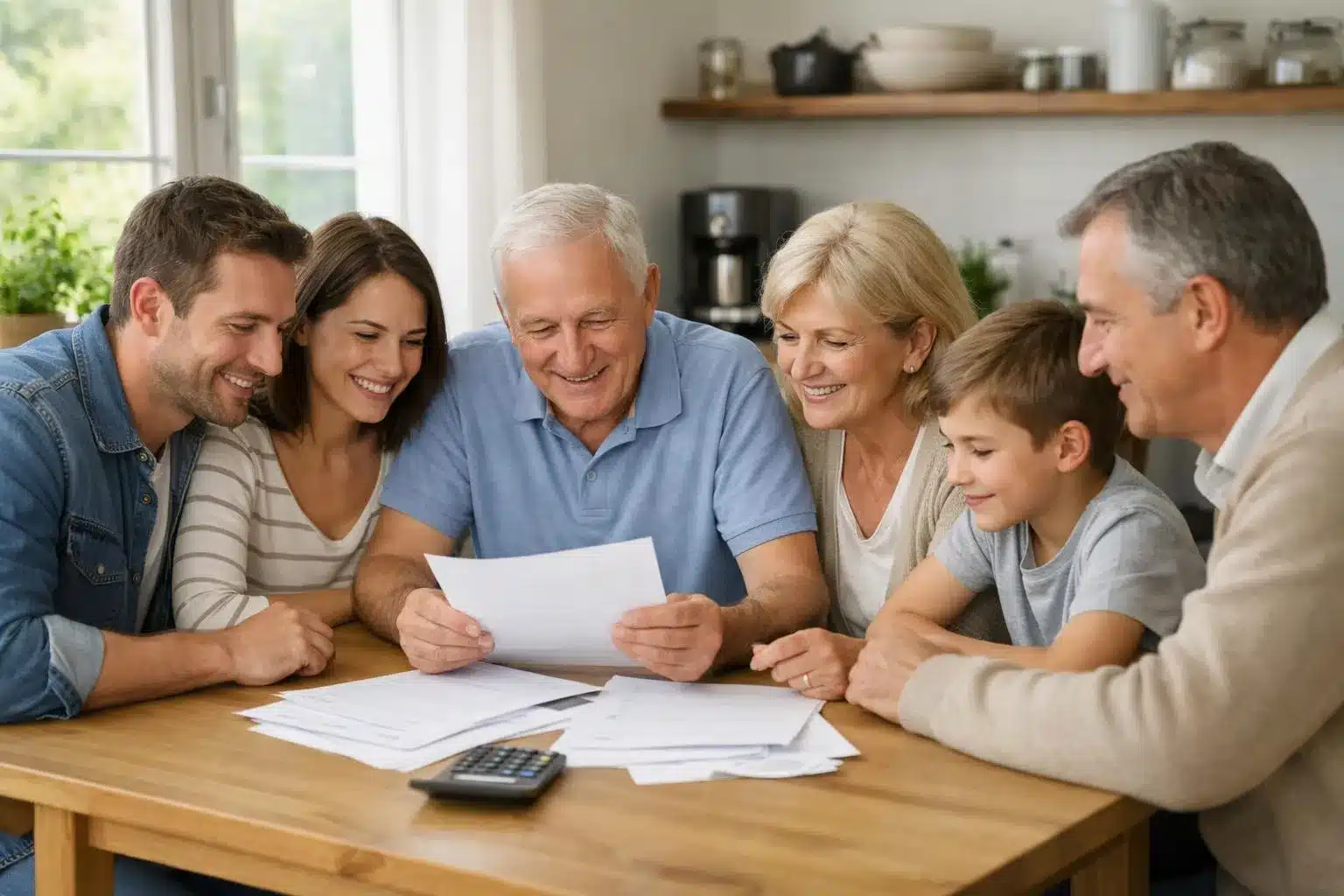 Famille française multigénérationnelle réunie autour d'une table de cuisine, consultant des documents de la Caisse d'Allocations Familiales avec expressions rassurées, lumière naturelle douce filtrant par la fenêtre, atmosphère de soulagement et sécurité financière retrouvée