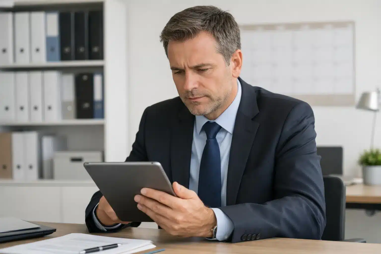 Professional HR manager in business attire reviewing urgent social legislation updates on tablet in modern French office with filing cabinets and calendar showing deadline dates in background, serious concentrated expression, realistic corporate setting