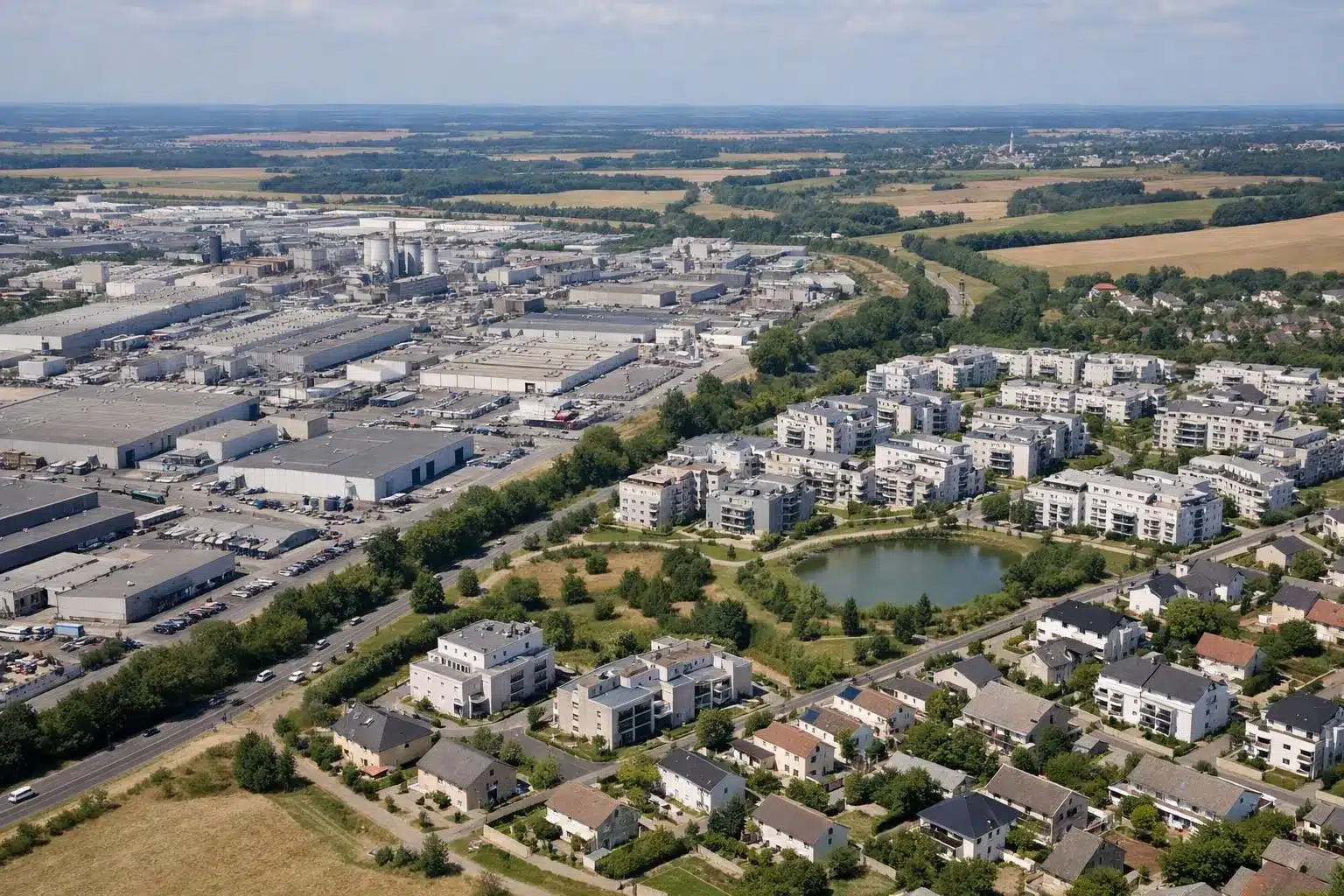 Vue aérienne réaliste d'un paysage français contrasté montrant d'un côté une zone industrielle dense avec des usines et entrepôts, de l'autre côté des quartiers résidentiels modernes avec espaces verts, symbolisant les disparités économiques régionales, lumière naturelle du jour, style documentaire photographique