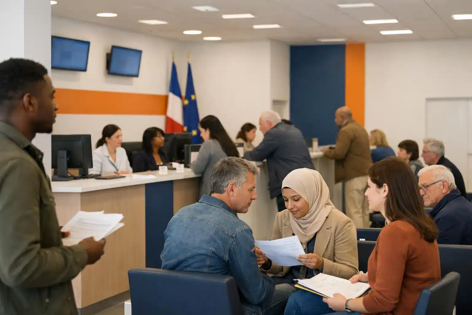 A contemporary French government building interior with diverse citizens waiting in a modern administrative space, soft natural lighting through large windows, official documents and digital screens visible, representing state-citizen relationship and social policy administration in France, photorealistic style