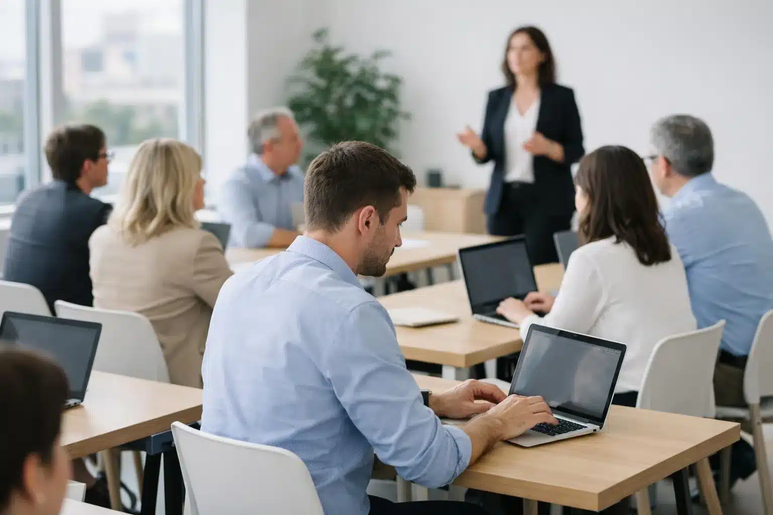 A diverse group of HR professionals attending a modern training session in a bright conference room, with a speaker presenting social law updates on a screen, participants taking notes on laptops and tablets, realistic business setting with natural lighting, professional atmosphere, no text or labels visible
