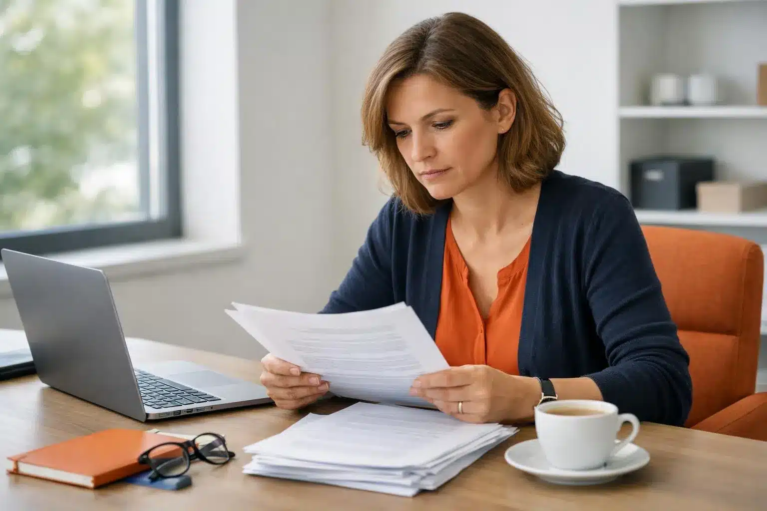 Professional woman in her 40s reading official social security documents at a modern office desk with laptop open displaying legal text, morning coffee beside papers, focused expression, natural lighting through window, realistic photography style, business casual attire