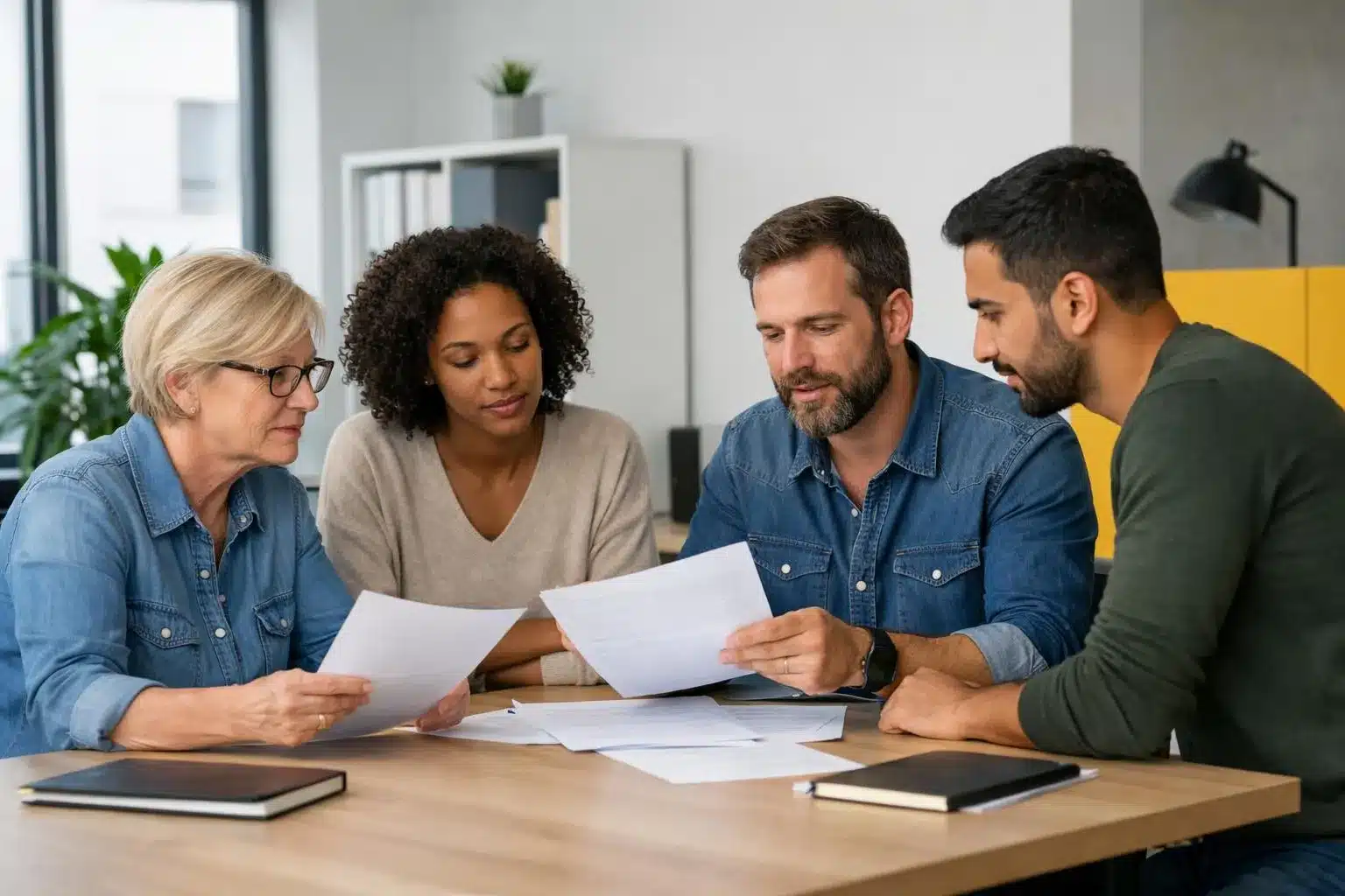 Groupe de personnes en discussion autour d'un bureau dans un bureau.