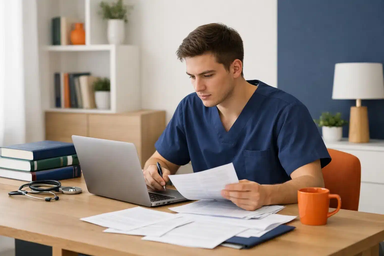 Homme en uniforme médical travaillant sur un ordinateur portable et des documents.