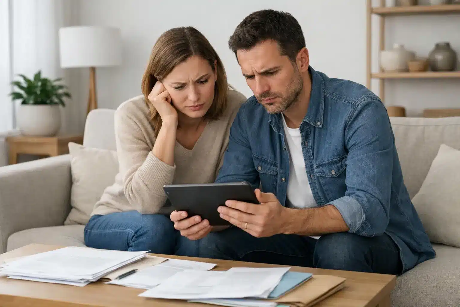 Couple inquiet examinant des documents et une tablette numérique.
