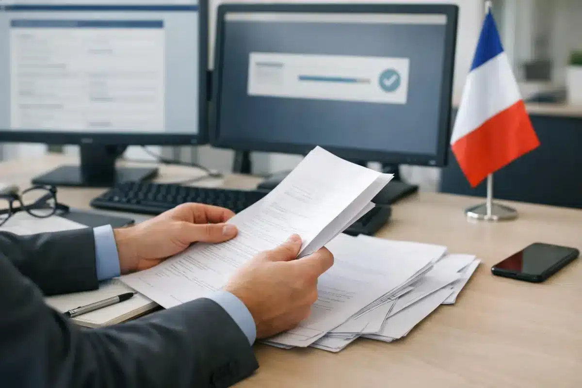 Bureau de travail avec documents, ordinateurs et drapeau français.