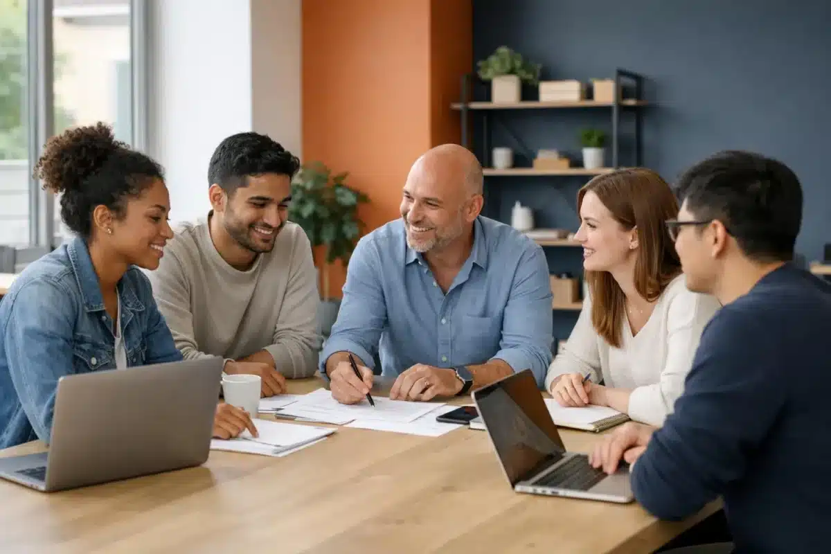 Groupe de personnes souriantes travaillant ensemble dans un espace de bureau moderne.