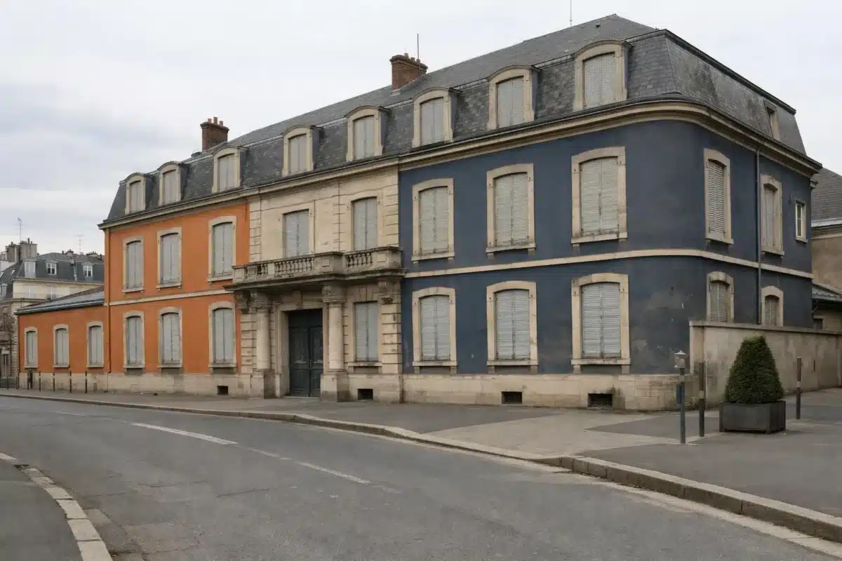 Bâtiment historique à plusieurs étages avec des fenêtres à volets et une façade colorée.