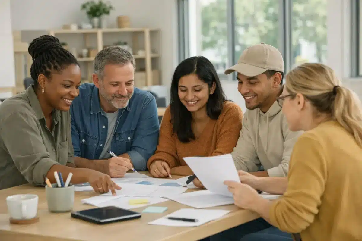 Groupe diversifié de personnes collaborant sur un projet dans un bureau lumineux.