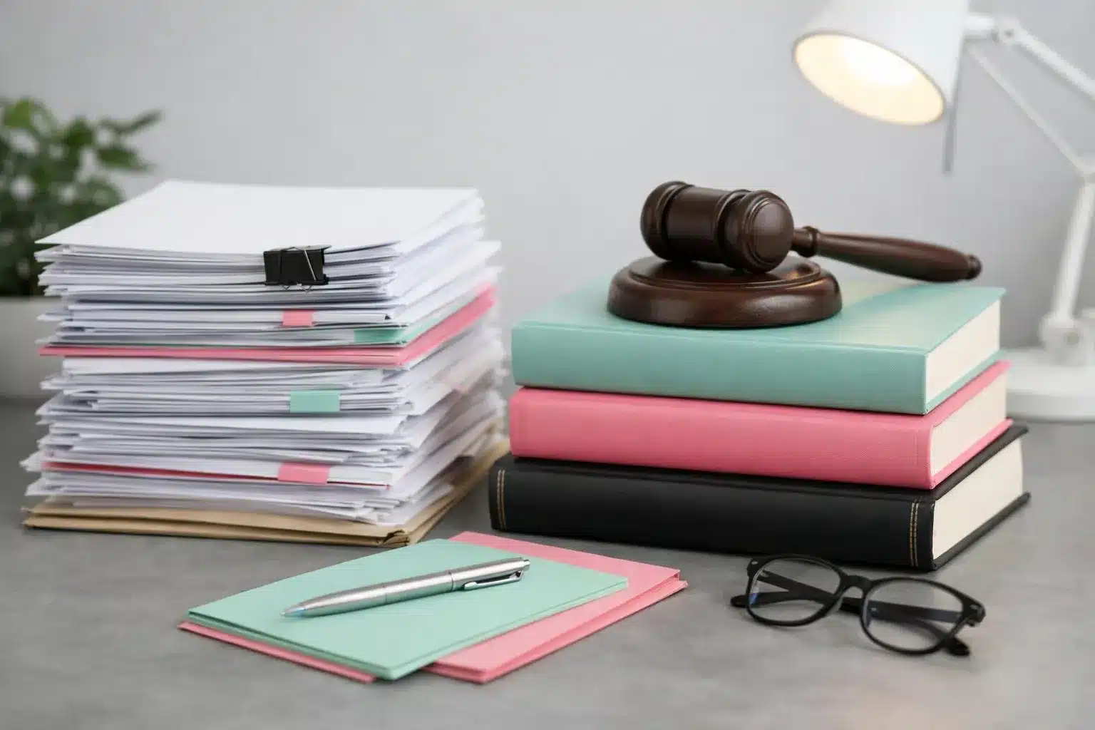 Professional desk with French Code du travail book, gazette officielle documents, calculator, and organized folders labeled with social law topics, modern office lighting, realistic business setting, NO text overlays