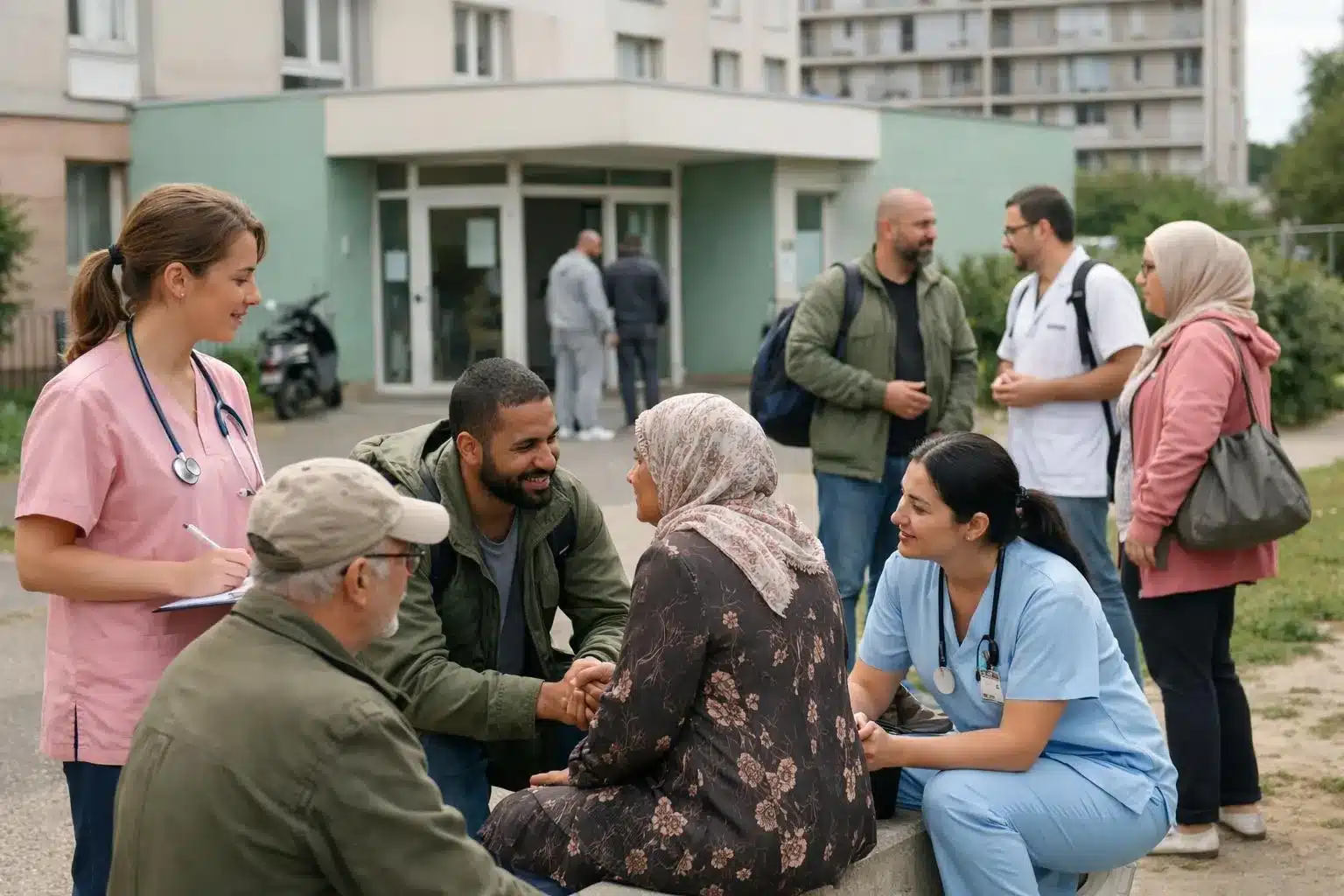 Quartier français populaire avec familles de travailleurs, centre de santé rural en arrière-plan, scène de vie quotidienne urbaine contemporaine, atmosphère documentaire réaliste montrant diversité sociale et géographique