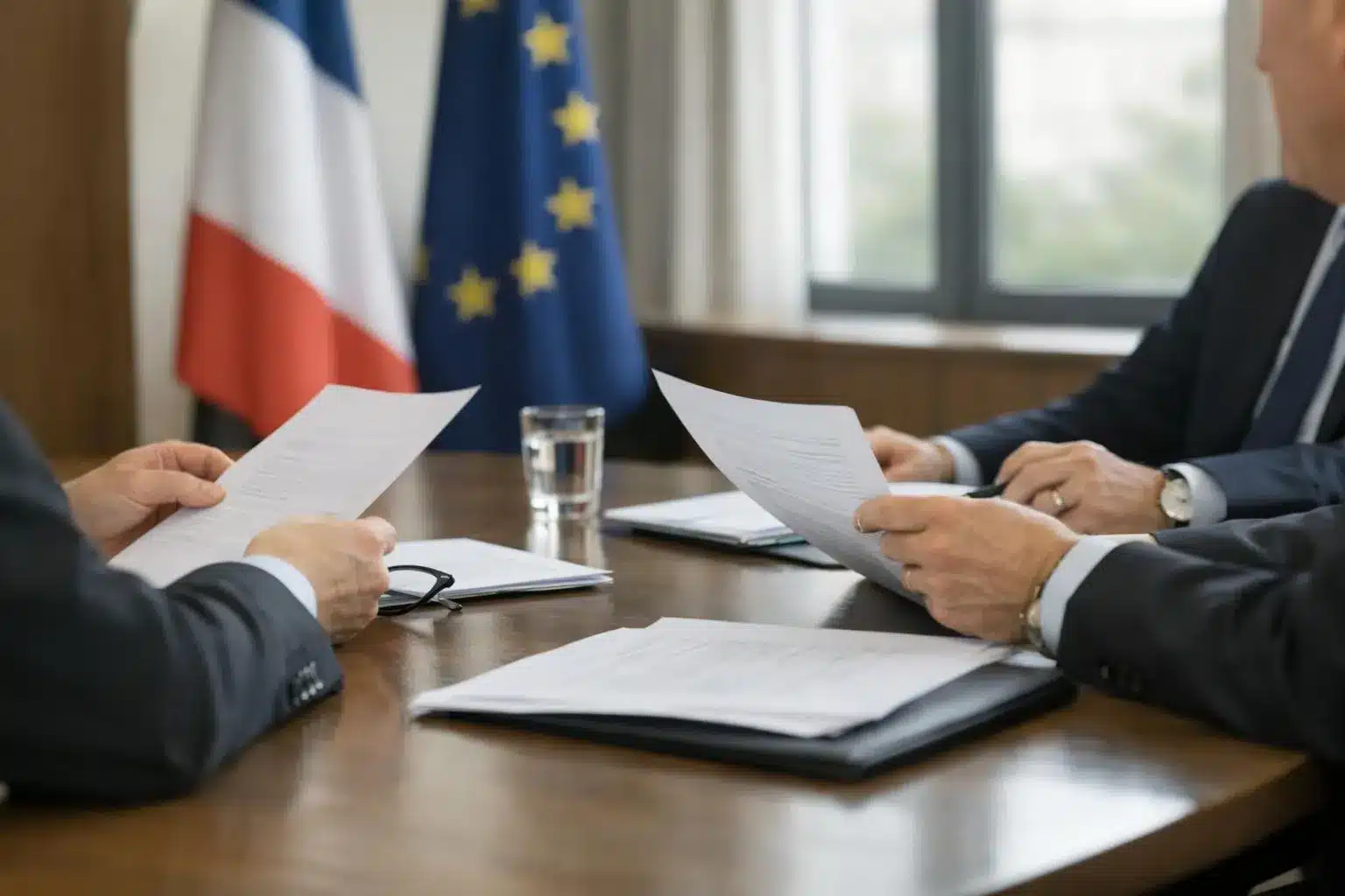A realistic scene showing a serious meeting room with French government officials reviewing social policy documents and charts on large screens, symbolizing the comprehensive reforms of unemployment insurance, retirement, healthcare, and family policies during the 2017-2022 period, with visible focus on regulatory texts and implementation strategies, natural lighting, professional atmosphere typical of policy-making environments in France