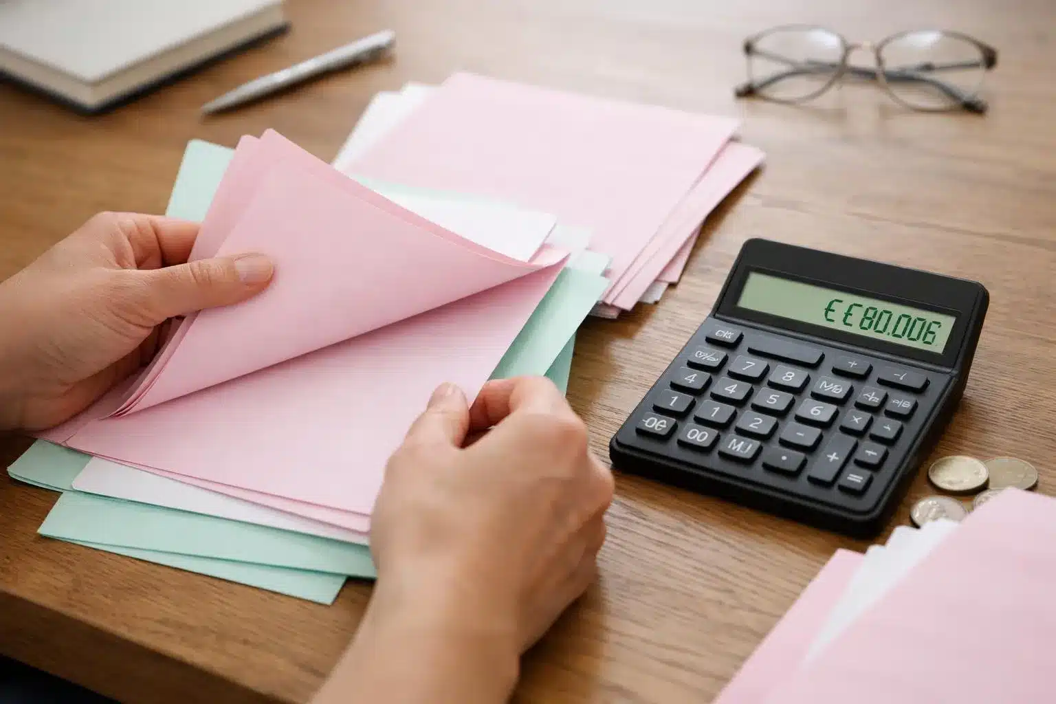 Papiers colorés, calculatrice, stylo et lunettes sur un bureau en bois.