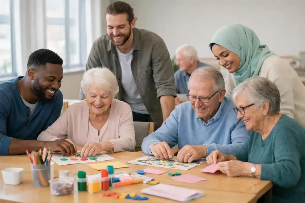 Groupe de personnes âgées et d'adultes jouant à des jeux de société ensemble.