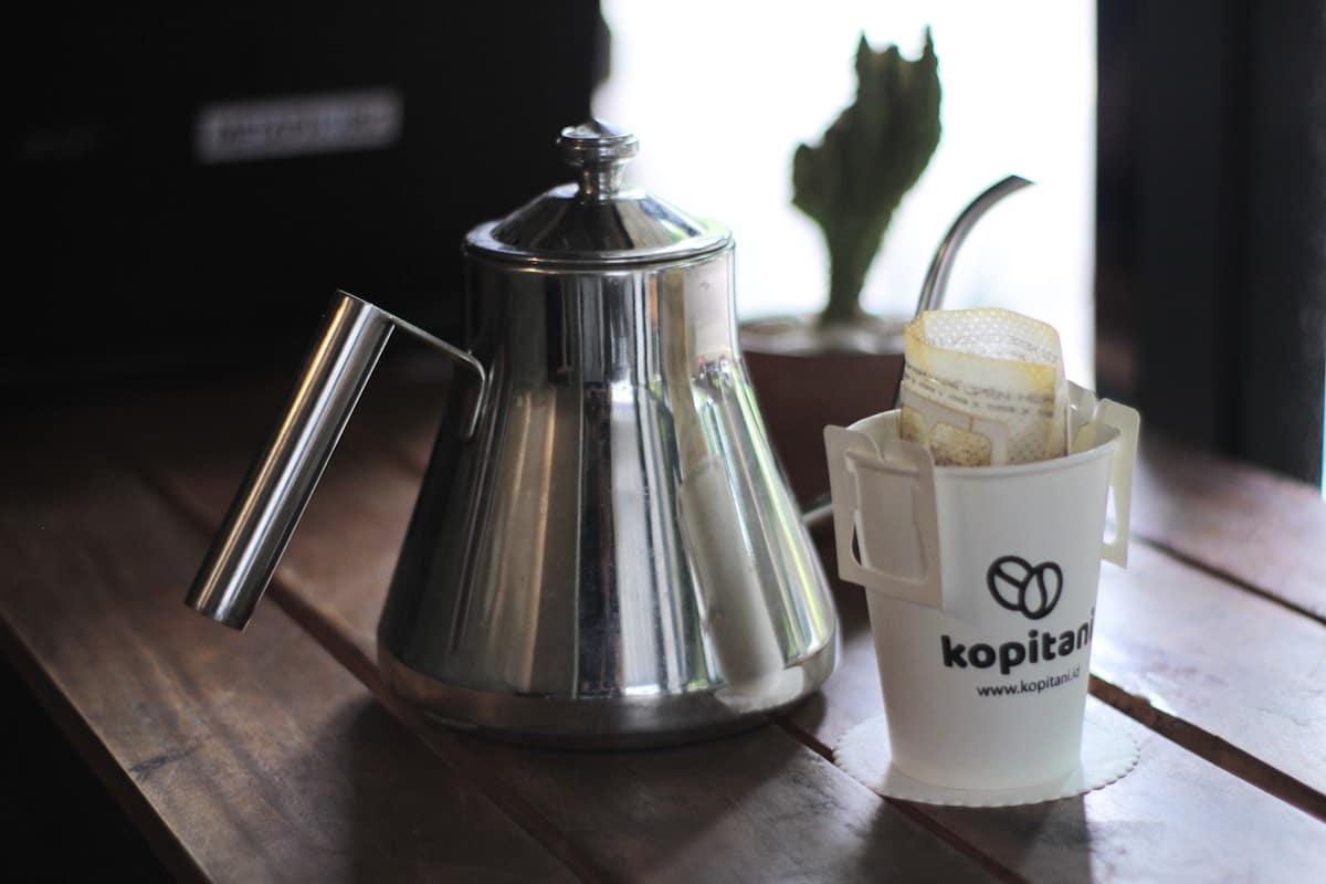Cafetière en métal brillant, tasse de café et plante verte sur une table en bois.