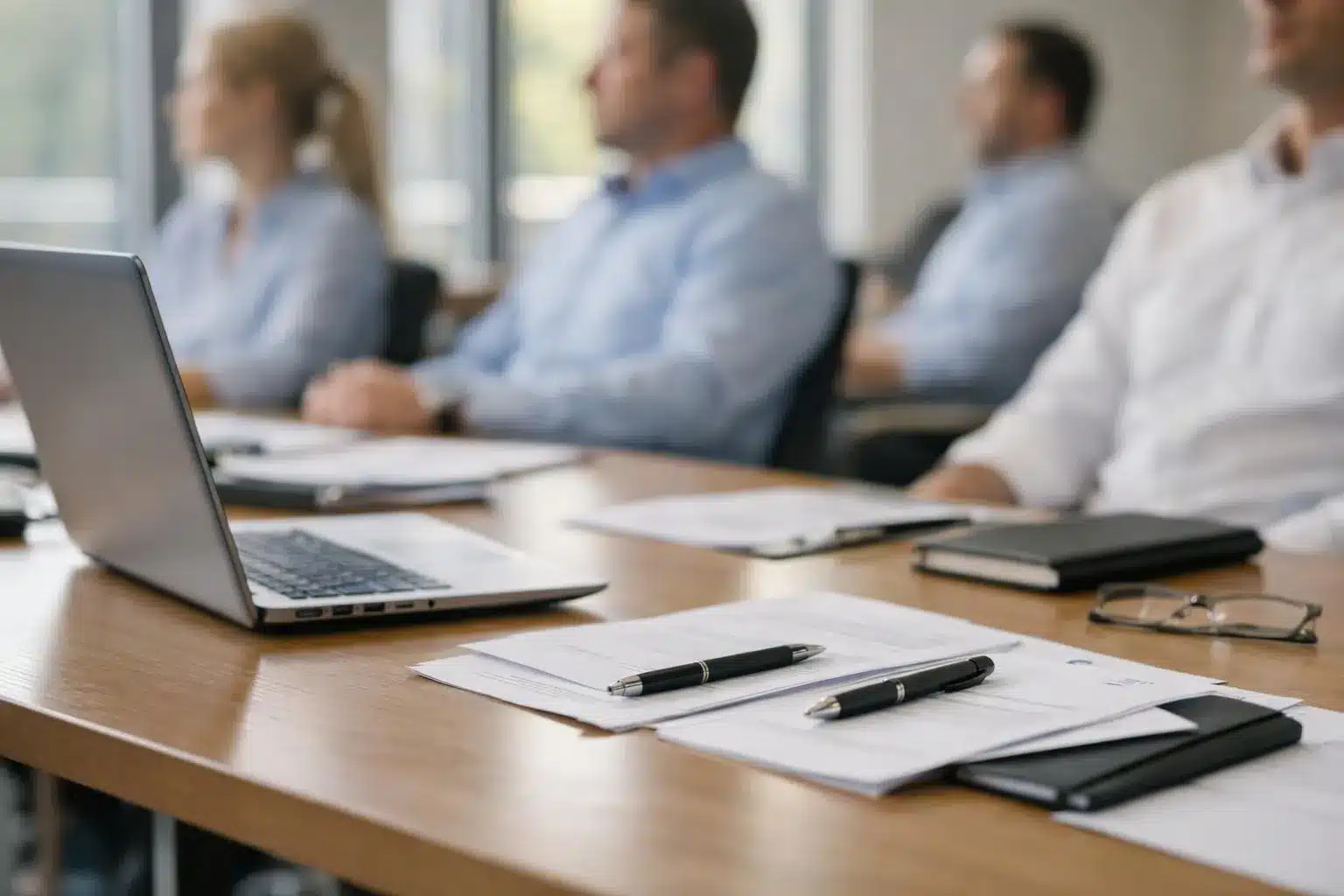 Professional training session in a modern classroom with HR managers and legal professionals attending a social law update seminar, trainer presenting recent regulatory changes on screen, participants taking notes at tables with laptops and documents, bright natural lighting through windows, contemporary French office setting, realistic photography style showing engaged learners in business attire focused on employment law topics