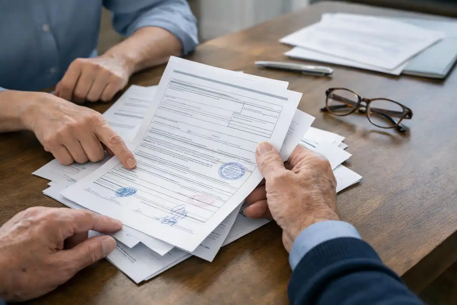 Close-up of hands holding official social security pension documents with stamps and signatures, elderly person reviewing administrative papers at desk with reading glasses nearby, natural window light, professional realist photography, no text visible in image