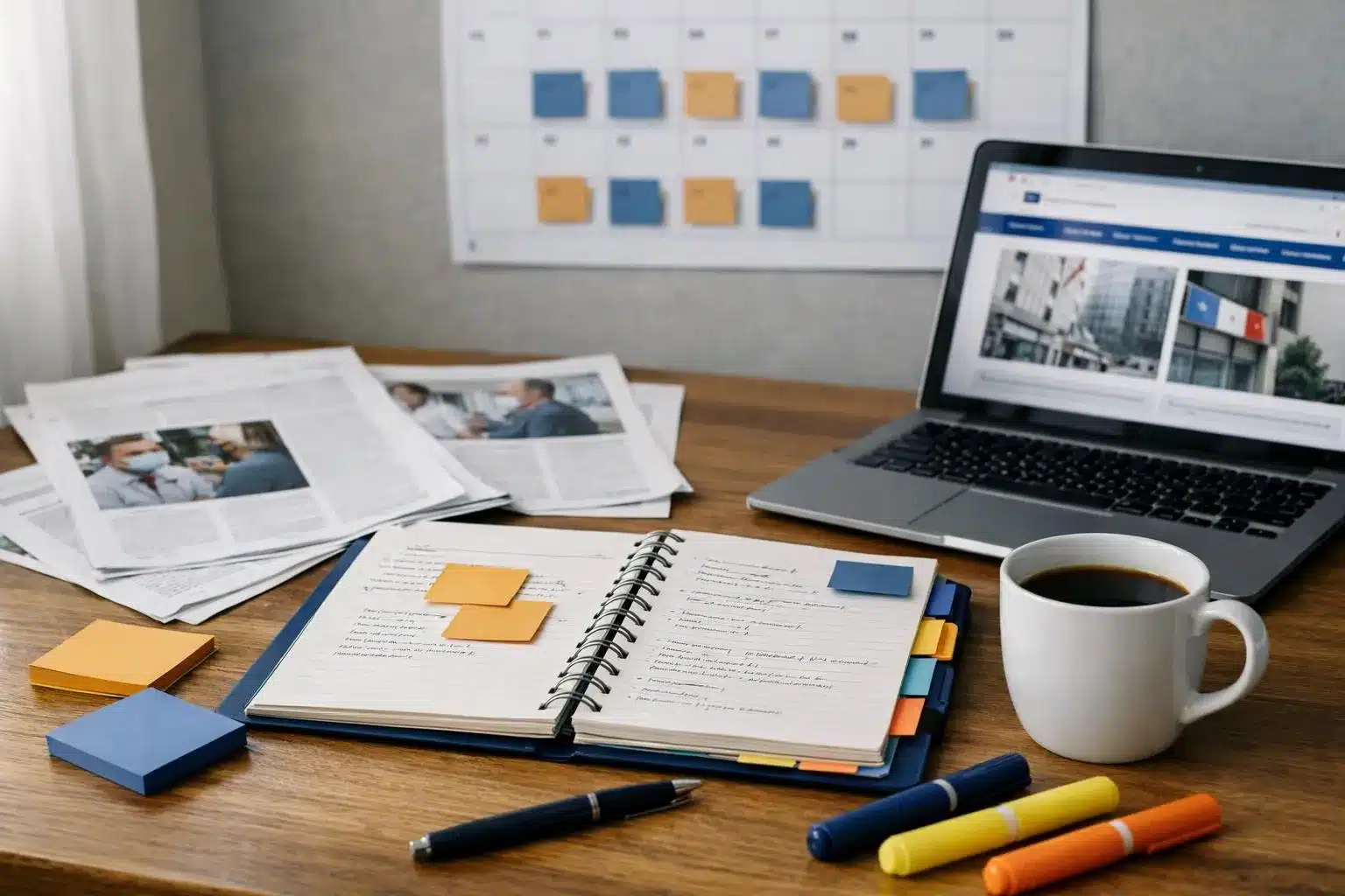 Bureau de travail avec ordinateur portable, cahier, stylos, tasse de café et photos imprimées.