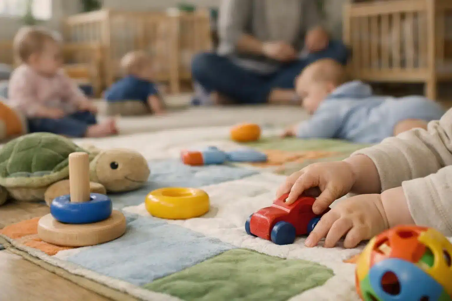 Jouets colorés et enfants jouant dans une garderie.