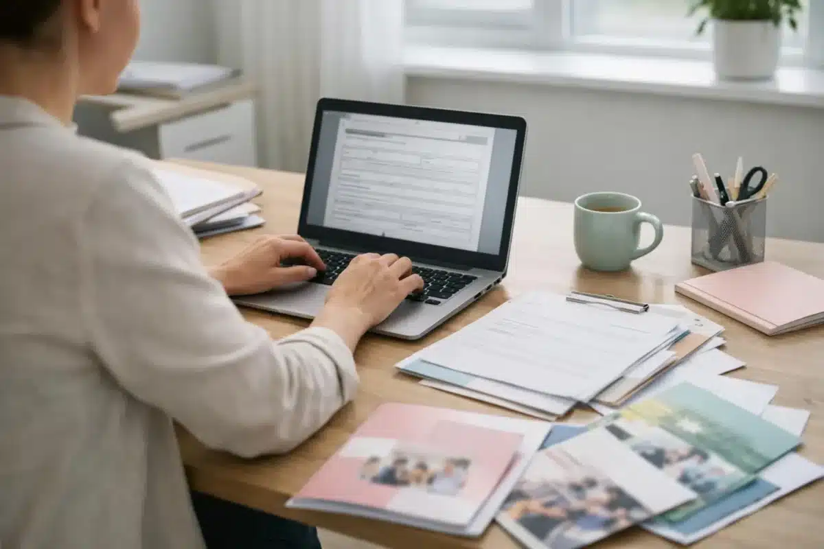 Femme travaillant sur un ordinateur portable dans un bureau à domicile.