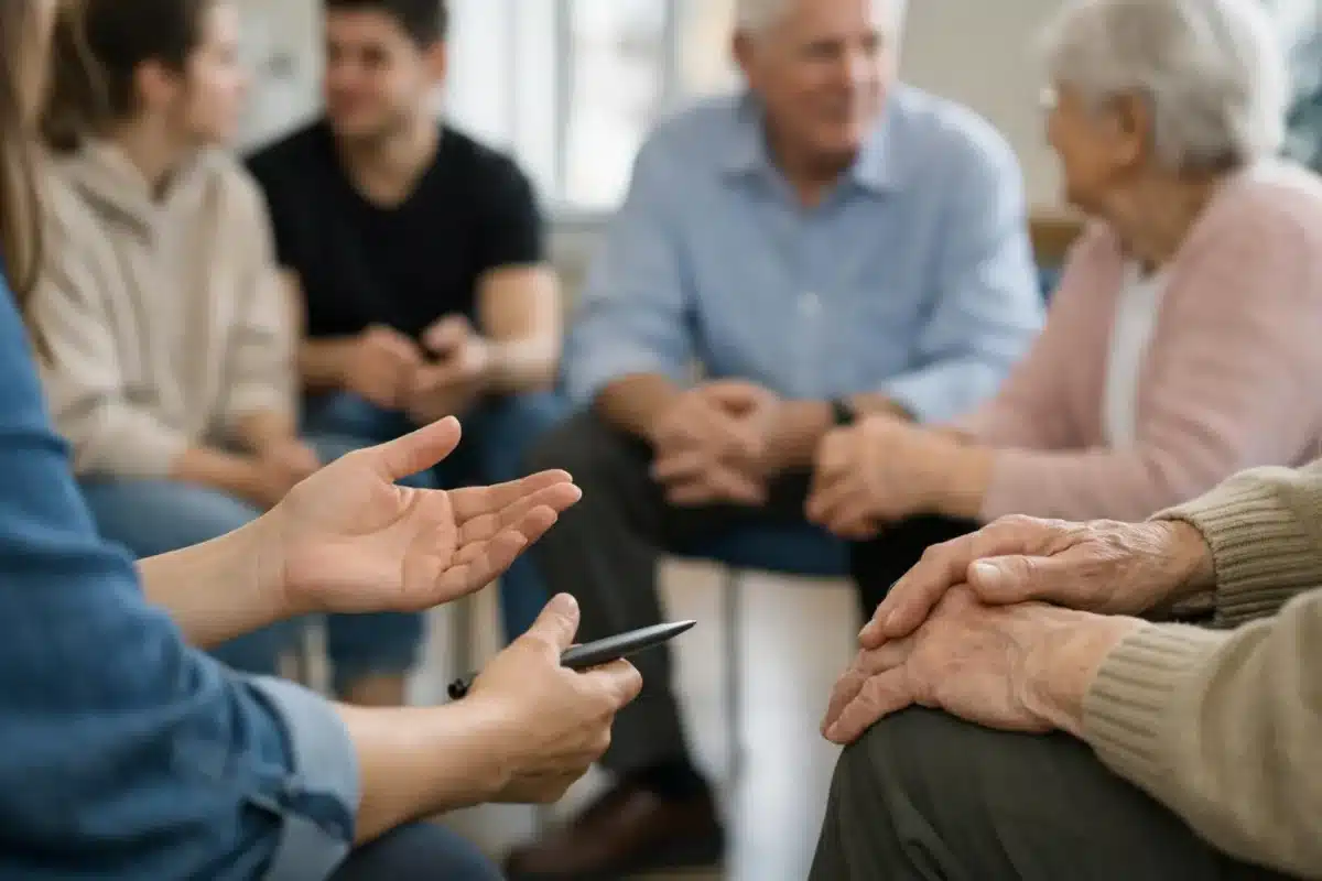 Groupe de personnes en discussion, gestes de main et de soutien.