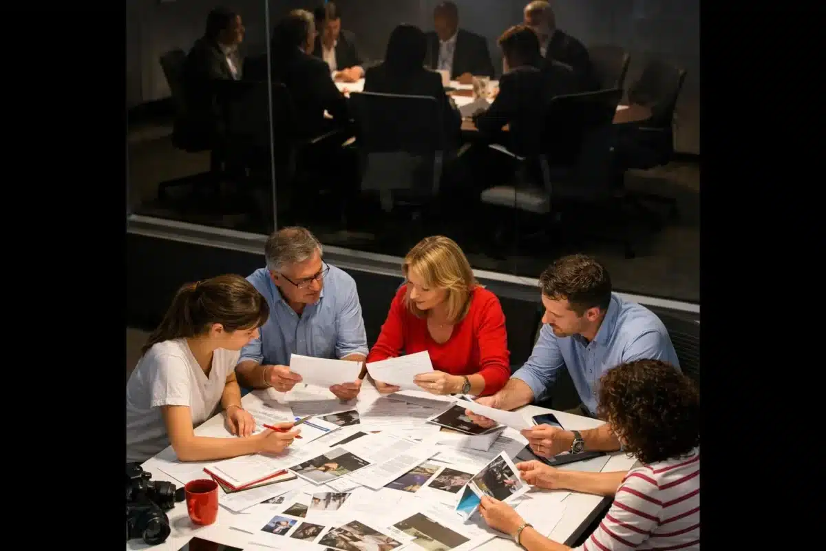 Une salle de rédaction professionnelle avec des journalistes examinant des documents sous les projecteurs, contrastant avec une salle de conseil d'administration d'entreprise sombre en arrière-plan, mettant en évidence la transparence par rapport aux agendas cachés dans l'indépendance éditoriale, style photoj