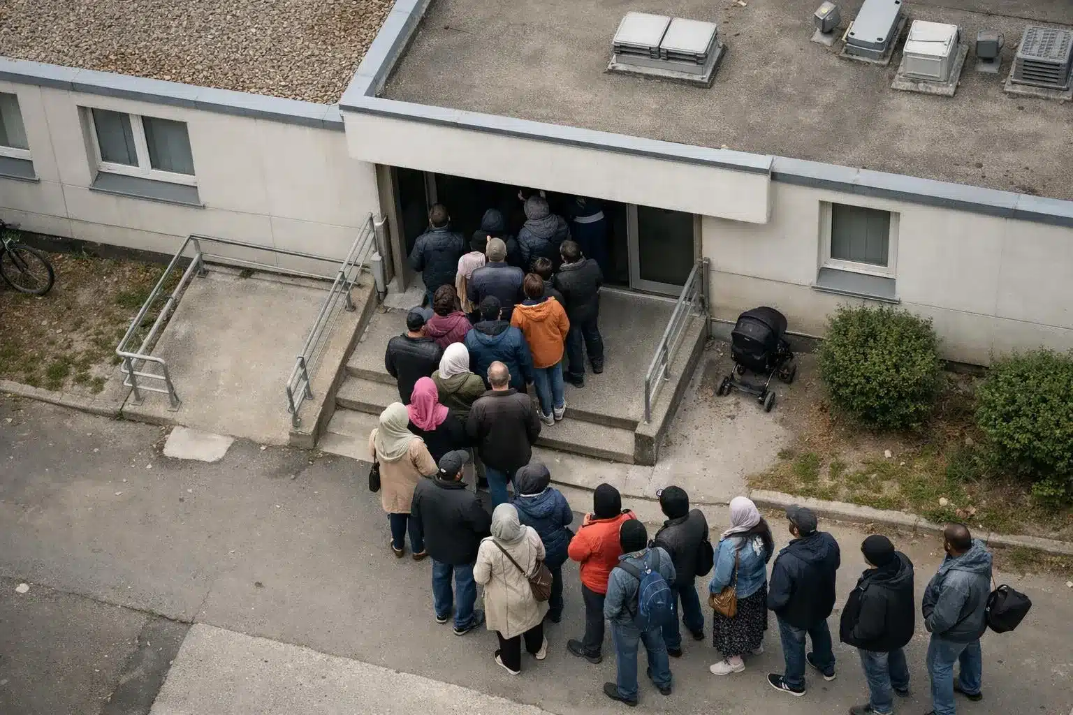 Social housing building entrance in French city with diverse group of people queuing outside, representing reality of CADA centers accessibility challenges, documentary photography style with natural lighting, realistic depiction of urban housing assistance