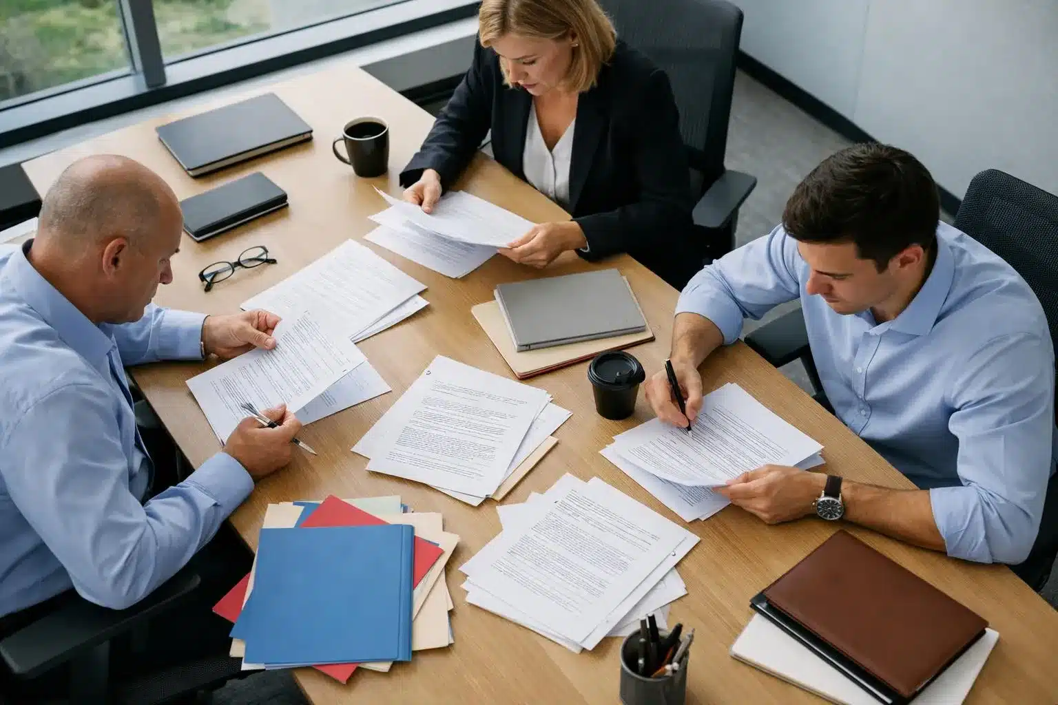 Professional HR managers in a modern office examining hidden compliance documents and regulatory papers spread across a conference table, with concerned expressions suggesting strategic planning, realistic photography style, natural lighting, business environment, no text or labels visible