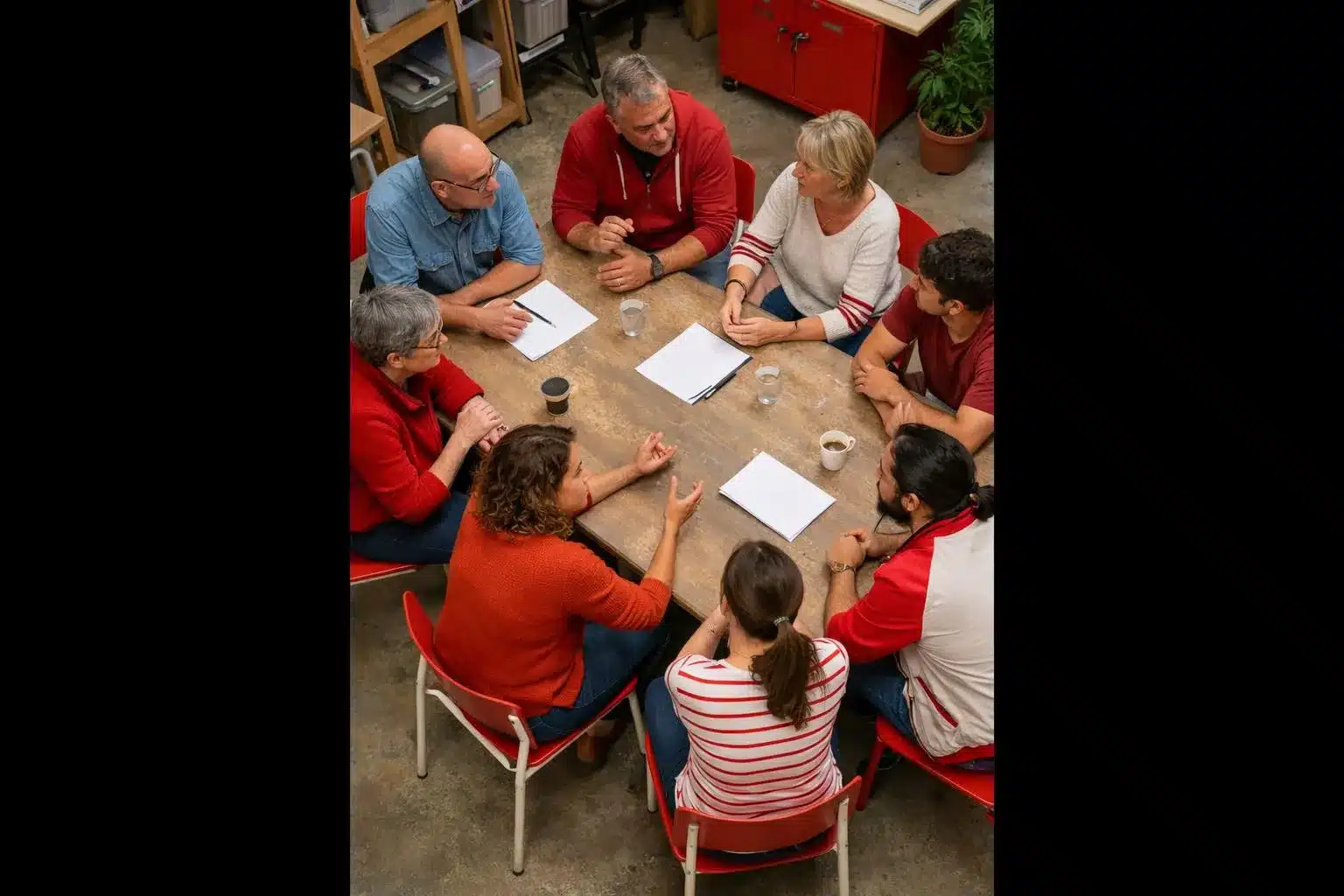 Atelier d'économie sociale et solidaire dans une salle associative française, participants de divers horizons échangeant autour d'une table, lumière naturelle, décor sobre et authentique, ambiance de terrain, France contemporaine