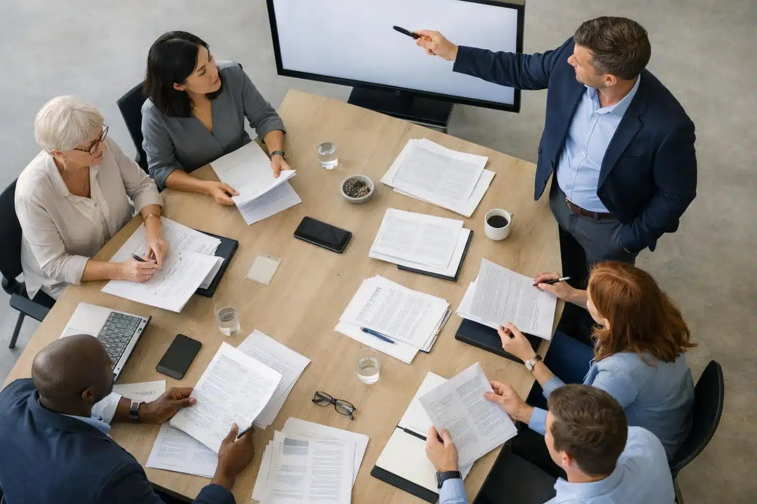 Professional training session focused on French social law updates: a diverse group of HR managers, payroll specialists, and legal professionals sitting at a modern conference table reviewing employment legislation documents, with a presenter pointing to a screen displaying regulatory changes and jurisprudence trends. Realistic office environment with natural lighting, participants taking notes, engaged expressions. Focus on professional learning atmosphere related to labor law and social compliance training in France.